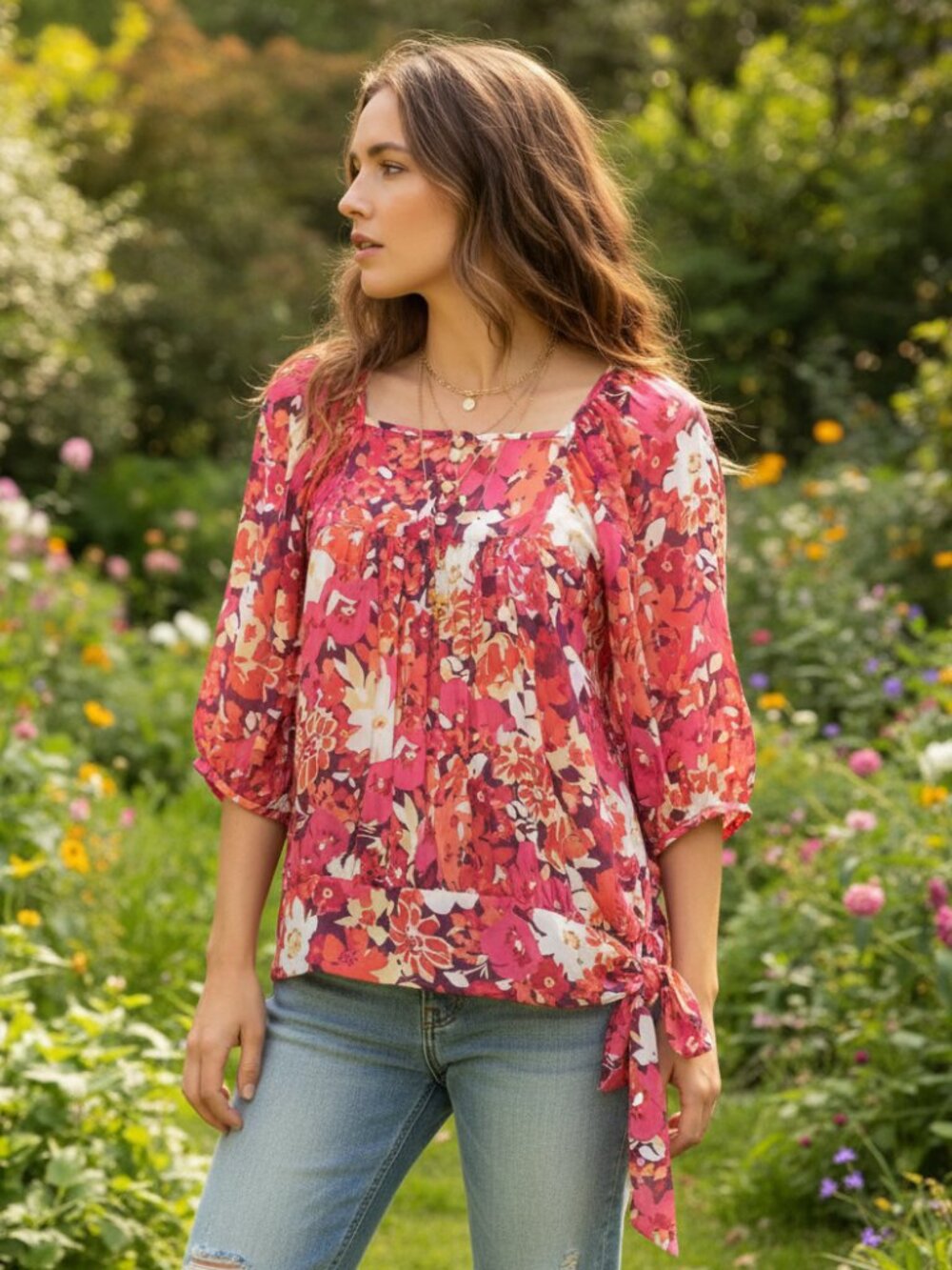 Ana S Top‎ Pink Purple Floral Tie Side Boho Cottage Peasant Bloom Flowy Fairy